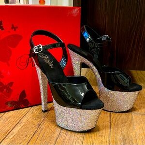 Pleaser BLK Pat/Slv Multi Glitter heels, Size 8